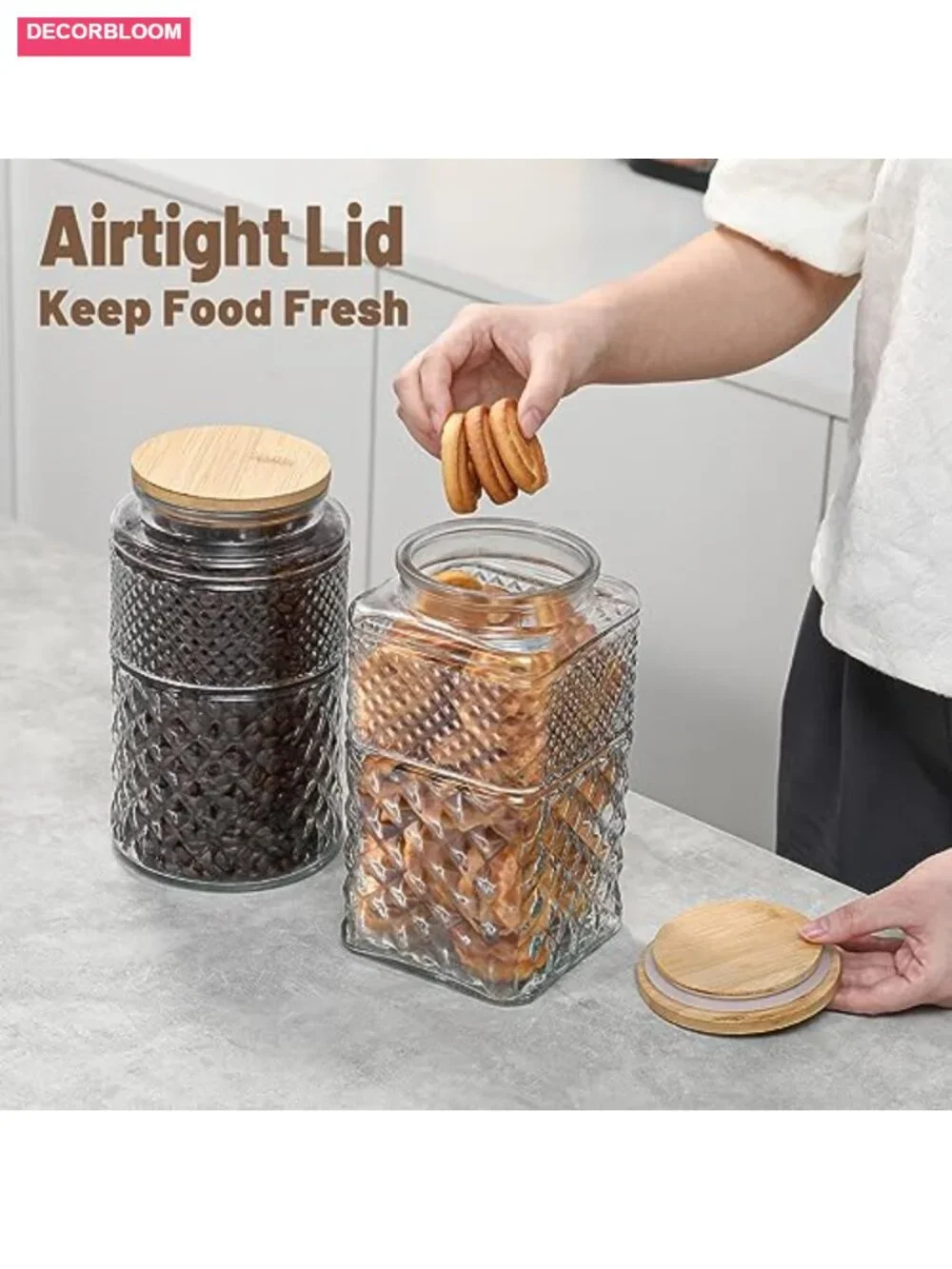 Set of 2 Borosilicate Glass Jars with Airtight Bamboo Lids, 90 oz Each